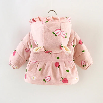 Winter Promotion Girls Coat Padded Jacket Furry Pocket Bow Long Sleeve Hooded Strawberry Cartoon Pattern Warm and Thick
