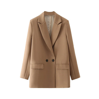 Women Black Blazer 2025 Fashion Office Wear Double Breasted Blazer Coat Vintage Long Sleeve Pockets Female Outerwear Chic Tops