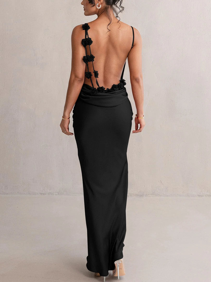 Hugcitar Elegant Satin Solid Slips Backless Tie Flowers Draped Sexy Slim Maxi Dress Spring Women Y2K Clothes Birthday Vacation
