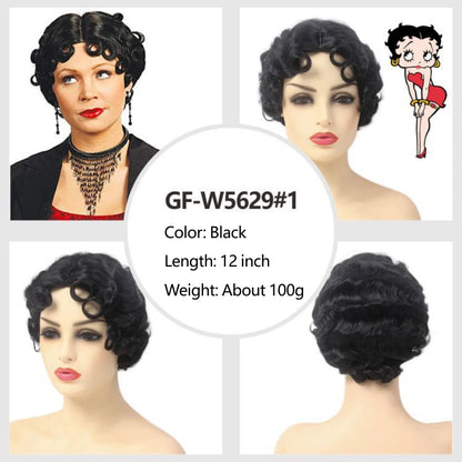 REEWES Short Curly Finger Wave Wigs With Oblique Bangs 1920s Retro Wavy Cosplay Costume Wig Classy Vintage Wavy Style For Women