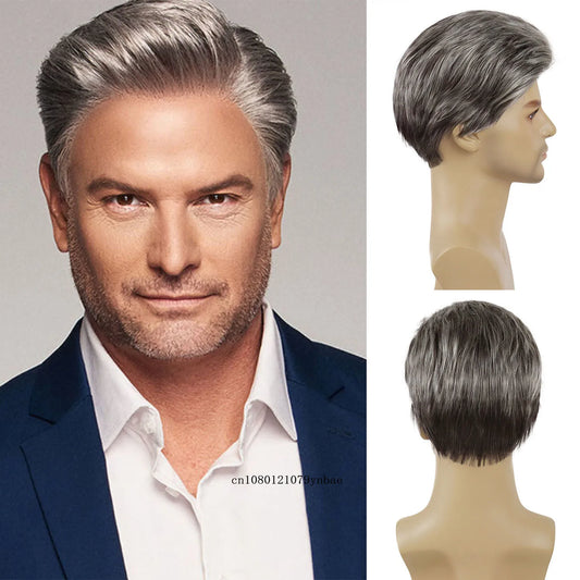Short Wigs for Older Men Synthetic Grey Color Wig Toupees Natural Curly Wigs Daily Use Male Cosplay Costume Wig Hair Replacement