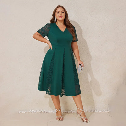 Plus Sizes Women's Elegant Solid Lace V-Neck Puff Sleeve A-Line Midi Dress Ladies Party Cocktail Evening Ball Gown Size 0XL-5XL