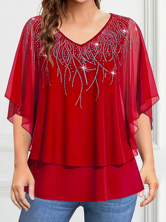 Plus Size Women's Blouse V-Neck Pullover Batwing Sleeve Sparkly Layered Shirts Blouse Women'S Clothing Casual Summer Top