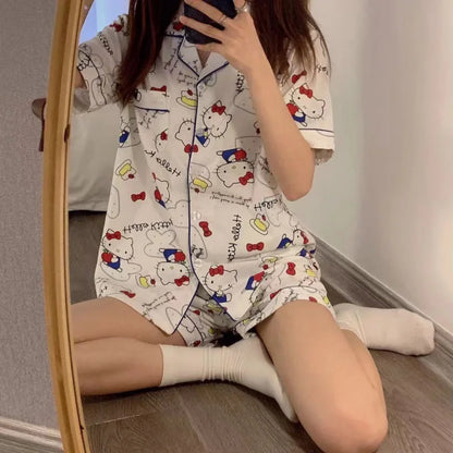 Cute Women's Summer Pajamas Set Cartoon Hello Kitty Nightgown Loose Soft Sleep Tops Short Sleeve Sweet Girls Sleepwear Clothes