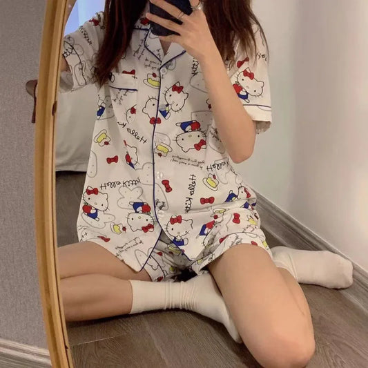 Cute Women's Summer Pajamas Set Cartoon Hello Kitty Nightgown Loose Soft Sleep Tops Short Sleeve Sweet Girls Sleepwear Clothes