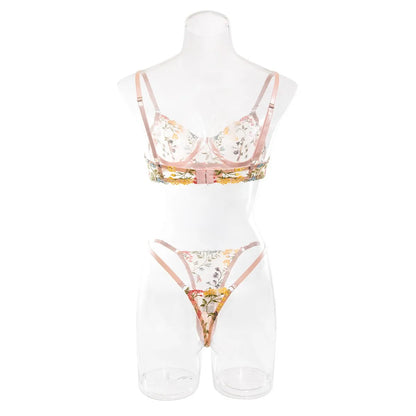 Women Underwire Lingerie Set Cute Push Up Strappy Embroidered Sheer Mesh Lingerie Set 2pcs Panty Bra Lingerie For Women LenceríA
