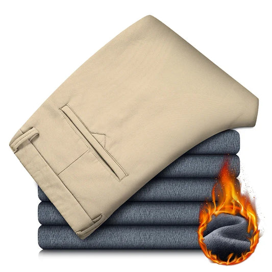 Winter Mens Clothing Warm Casual Pants 98% Cotton Fleece Straight Business Thicken Men Pants Stretch Classic Velvet Trousers