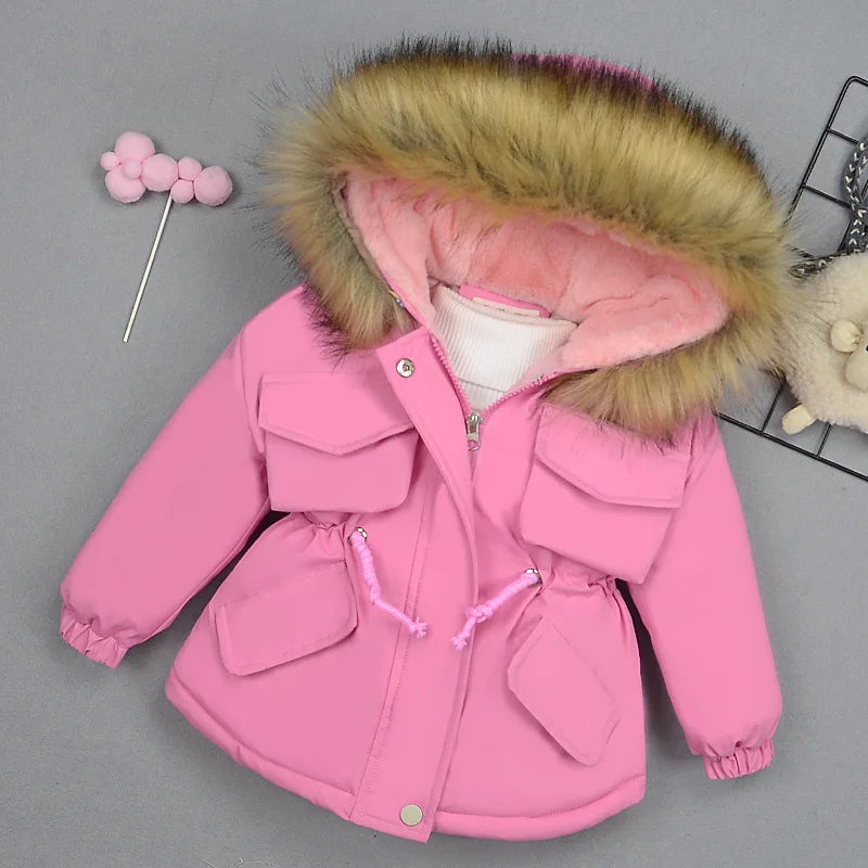 Winter warm children's jacket with hooded fur collar Outerwear Korean version trendy Child girl coat suitable for 2-8 years old