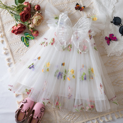 Baby Girls Dresses Princess Birthday Party Sweet Baby Girls Dresses Back Bow Wings Fairy Strap Embroidered Butterfly Mesh Dress