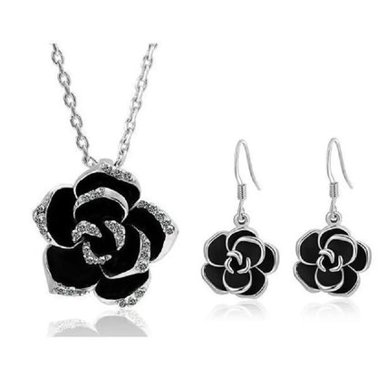 Fashion Rose Flower Enamel Jewelry Set Rose Gold Color Black Painting Bridal Jewelry Sets for Women Wedding