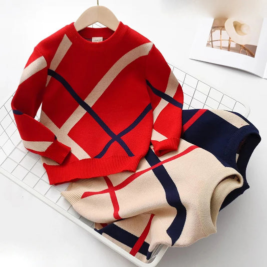 New Autumn Winter Children's Sweater Underlay T-Shirt Round Neck Double Layer Cotton Stripe Small and Medium Sweater