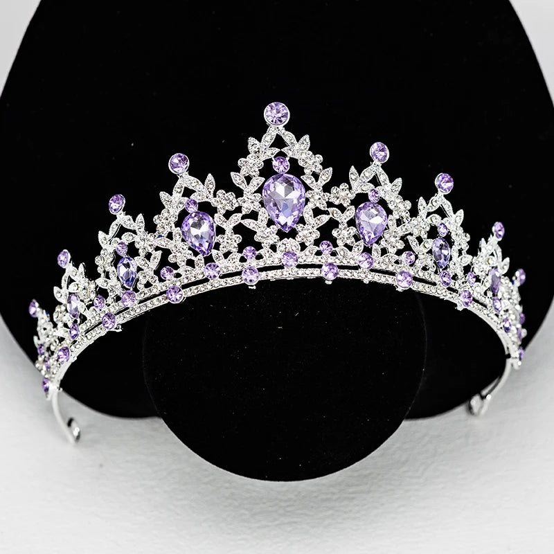 Luxury Silver Crown Necklace and Earring Set for Women, Purple Teardrop Tiara with Leaf Choker and Dangle Earrings, Wedding Prom