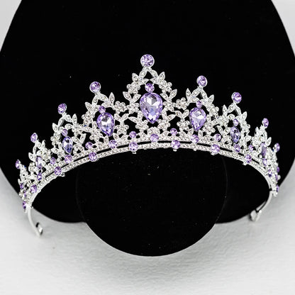 Luxury Silver Crown Necklace and Earring Set for Women, Purple Teardrop Tiara with Leaf Choker and Dangle Earrings, Wedding Prom