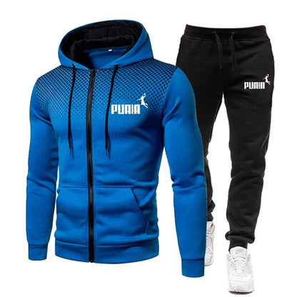 2025 New men's sportswear hooded printed top + leisure entertainment trend polka dot fast run leisure fitness sportswear set