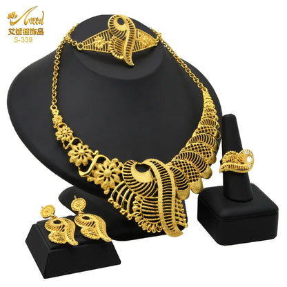 ANIID African Jewelery Sets Flower Earrings Choker Necklace Bracelet Hawaiian Indian Dubai Golden Jewelry For Women Accessories