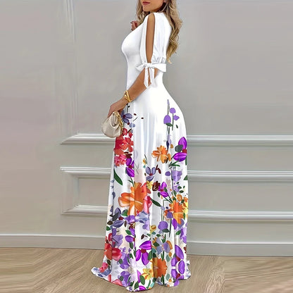 2024 Summer Elegant Women Sexy V Neck Bohemian Long Dress Floral Print Party Dress Tie-up Short Sleeve Hollow Maxi Dresses