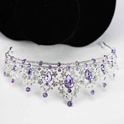 Luxury Silver Crown Necklace and Earring Set for Women, Purple Teardrop Tiara with Leaf Choker and Dangle Earrings, Wedding Prom