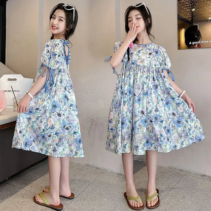 2025 Girls Dress Summer Loose Floral Pattern Beach Dress For Girl Bohemia Princess Children Dresses Vestido Teenage 3-14 Years