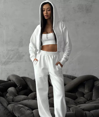 2025 New Women's Casual Long Sleeve Hooded Cropped Zip-Up Cardigan & Drawstring Sweatpants Two-Piece Active Lounge Set