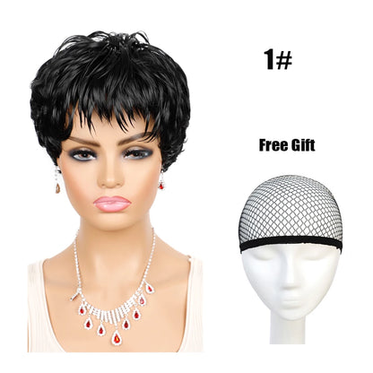 Short Wigs Women Natural Wave Wigs For Women Black Color Heat Resistant Fiber Synthetic Hair Pixie Cut Wig With Bangs