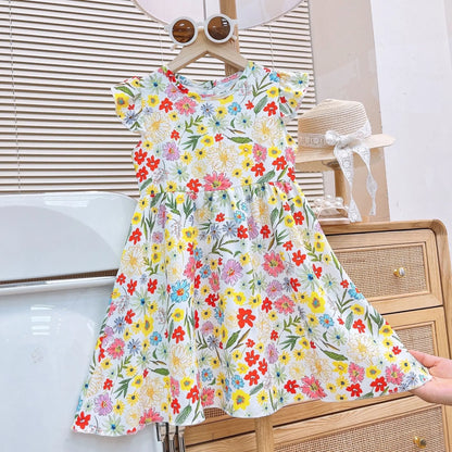 Girls Summer Dress New Fashion Floral Princess Dress with Flutter Sleeves for Toddlers and Young Children
