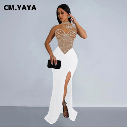 CM.YAYA Women Sleeveless Diamonds Hot Rhinestones High Side Split Mermaid Maxi Long Dress 2024 Even Sexy Party Dresses Vestidos