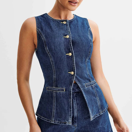 Women's Vintage Denim Casual Long Vest Tops Button-up Back Slit Sleeveless Pocket Slim Fits Waistcoat y2k Clothes Streetwear