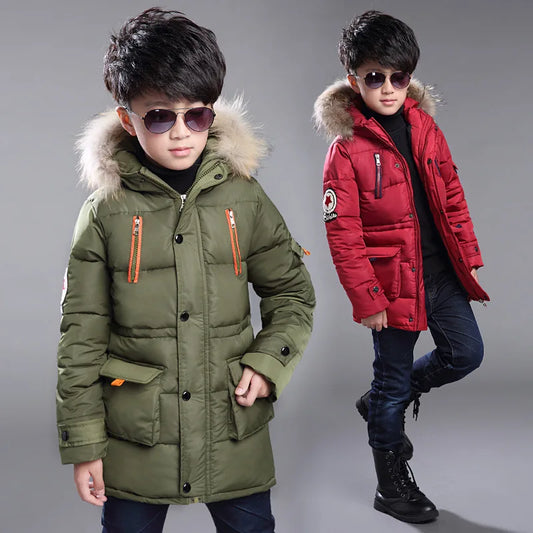 Children's down jacket new winter boys' and girls' Plush warm medium length jacket hooded large wool collar cotton padded jacket