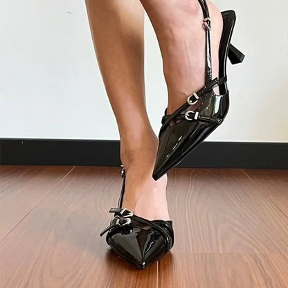 Fashionable large-sized sandals, 2025 summer new sexy party, patent leather pointed-toe elegant stiletto women's shoes