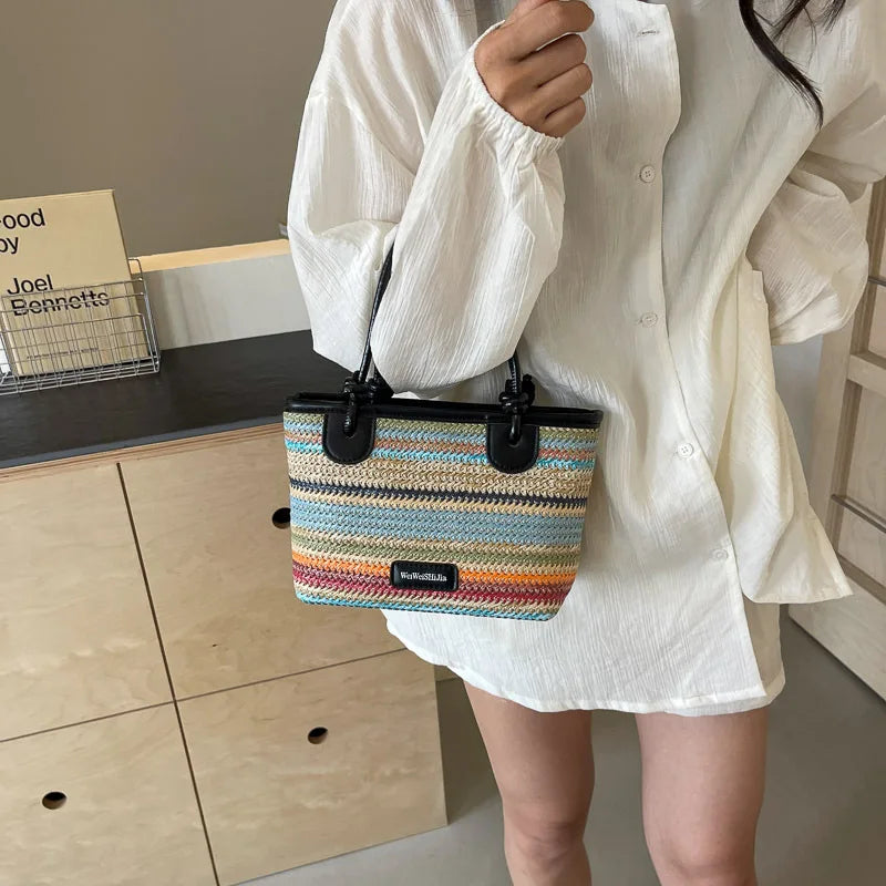 Seaside Vacation Beach Bag, Hand-woven Straw Hand-carried Women's Bag, 2025 New Summer Rainbow Single-shoulder Crossbody Bag