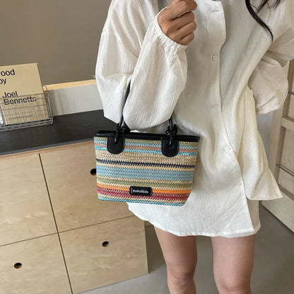 Seaside Vacation Beach Bag, Hand-woven Straw Hand-carried Women's Bag, 2025 New Summer Rainbow Single-shoulder Crossbody Bag