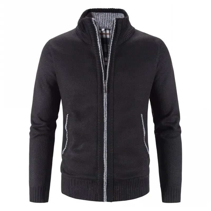 Autumn Winter New Men Trendy Knitted Cardigan Fleece Zipper Sweater Men's Warm Coat Stand-up Collar Solid Color Sweater Cardigan