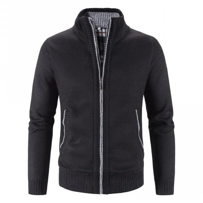 Autumn Winter New Men Trendy Knitted Cardigan Fleece Zipper Sweater Men's Warm Coat Stand-up Collar Solid Color Sweater Cardigan