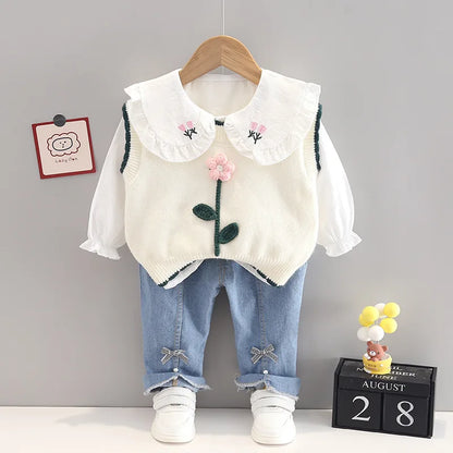Spring newborn Baby Girls' Clothes Outfit sets Knitted Vest Shirt Bow Jeans suit for Girls Baby clothing 1st birthday wear sets