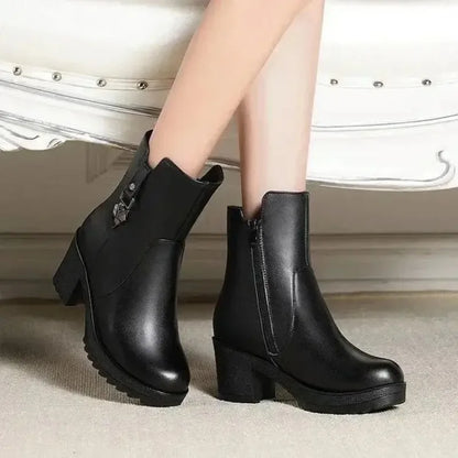 2025New Winter Women's Boots Luxury Casual Leather Boot Fashion High Heel Ankle Boots for Women Plush Warm Snow Boot Botas Mujer