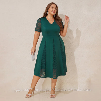 Plus Sizes Women's Elegant Solid Lace V-Neck Puff Sleeve A-Line Midi Dress Ladies Party Cocktail Evening Ball Gown Size 0XL-5XL