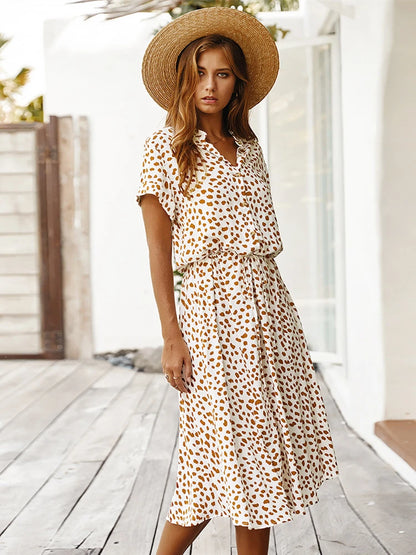 Vintage Floral Print Dress Women Boho Short Sleeve Long Dress Turn Down Collar Casual Waistband Shirt Dresses Robe 2021 Summer