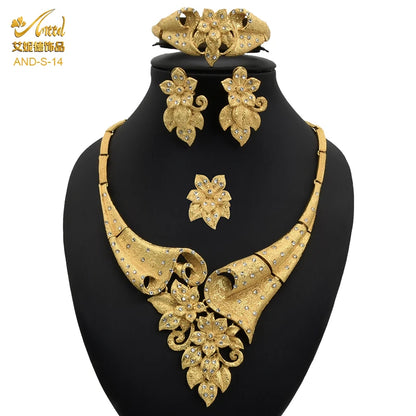 ANIID African Jewelery Sets Flower Earrings Choker Necklace Bracelet Hawaiian Indian Dubai Golden Jewelry For Women Accessories