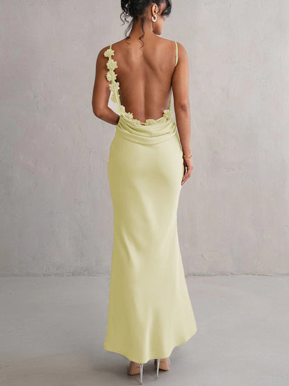 Hugcitar Elegant Satin Solid Slips Backless Tie Flowers Draped Sexy Slim Maxi Dress Spring Women Y2K Clothes Birthday Vacation