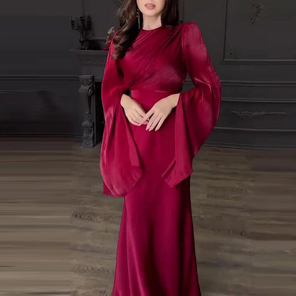 Women Fashion O-neck Hight Waist Long Dress Sexy Split Long Sleeve Solid Party Dress Elegant Mesh Patchwork Satin Evening Dress