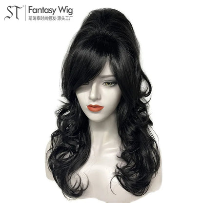 Vintage Wig Long Wavy Black Wig Big Bouffant Beehive Wigs for Women for 50s 80s Costume