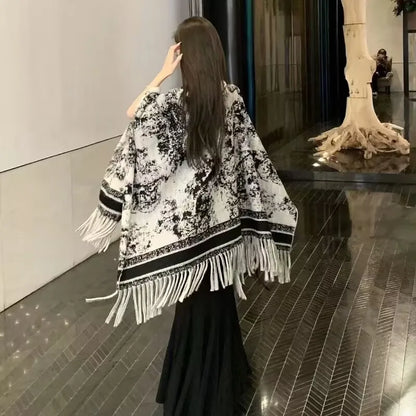 2024 Winter Women Faux Woolen Loose Tassel Shawl Capes Cashmere Wear Warm Thick Poncho Cardigan Lady Printed Plaid Blanket