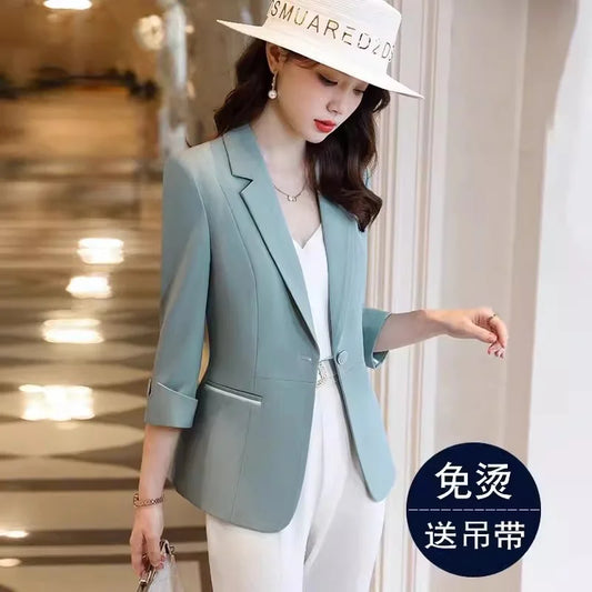 S-4XL Apricot Suit Jacket For Women's Summer Trench Coat Green 2024 New Short Cut Slim Fit Temperament Women's Thin Blazer Lady