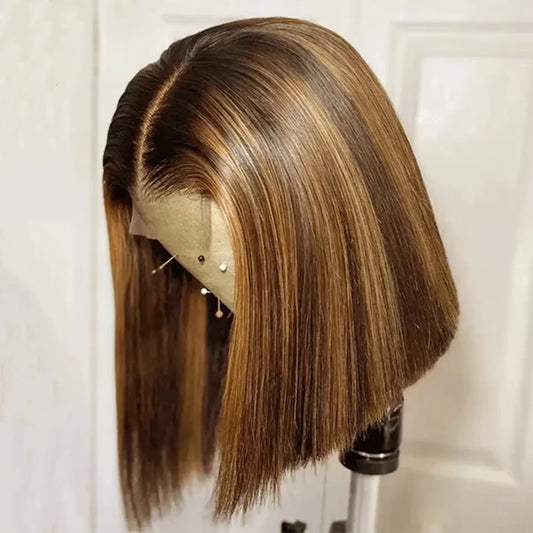 Highlight 4/27 Straight Short Bob Wigs Ombre Human Hair Wigs Brazilian Bone Straight Bob Wigs Human Hair 13x4 Lace Frontal Wigs