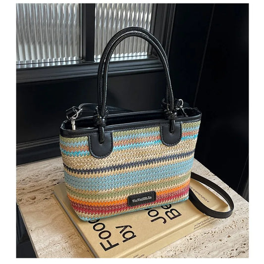 Seaside Vacation Beach Bag, Hand-woven Straw Hand-carried Women's Bag, 2025 New Summer Rainbow Single-shoulder Crossbody Bag