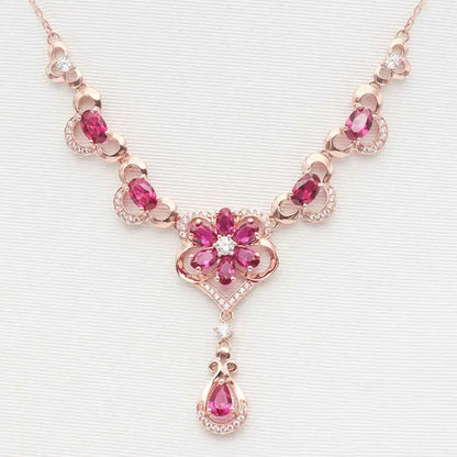 Luxury Rose Golden Elegant Flower Ruby Necklace for Women Romantic Luxury Crystal Pendant Dinner wedding Jewelry