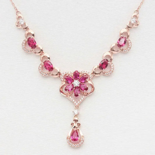 Luxury Rose Golden Elegant Flower Ruby Necklace for Women Romantic Luxury Crystal Pendant Dinner wedding Jewelry