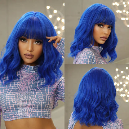 Short Wavy Bob Wigs for Women Dark Brown Bob Natural Synthetic Wig with Bangs for Girl Daily Cosplay Use Heat Resistant
