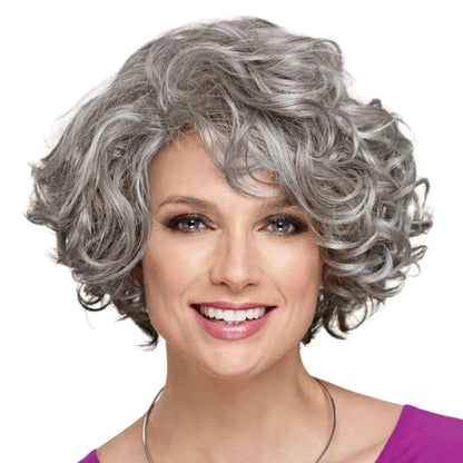 Short Curly Wigs for Women Synthetic Hair Grey Wig with Side Bangs Ombre Color Gray Wigs for Lady Dress Up Costume Party Cosplay