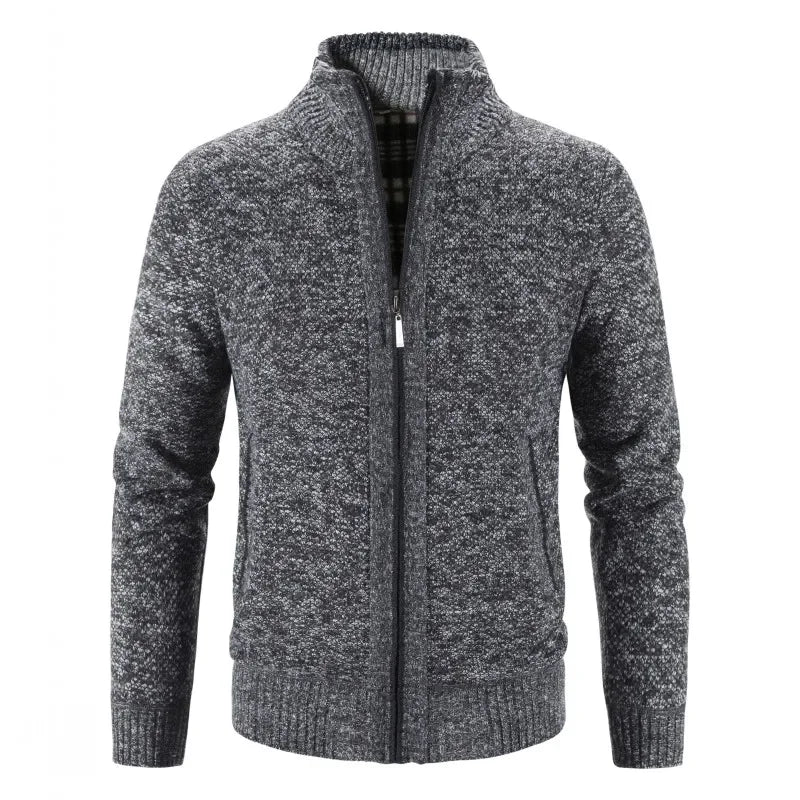 Autumn Winter New Men Trendy Knitted Cardigan Fleece Zipper Sweater Men's Warm Coat Stand-up Collar Solid Color Sweater Cardigan
